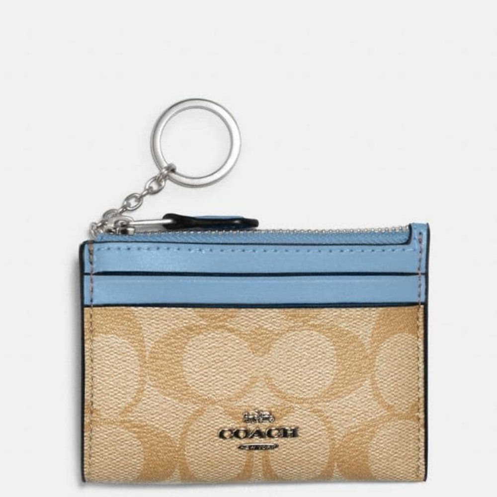NWT Coach Mini Skinny Id Sky Case In Signature Canvas Brown Blue